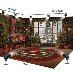 Aperturee - Aperturee Cozy Christmas Cabin Room Set Backdrop Rustic Window Scene with Teddy Bears Holiday Photo Studio with Rug Floor