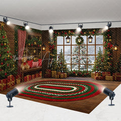 Aperturee - Aperturee Cozy Christmas Cabin Room Set Backdrop Rustic Window Scene with Teddy Bears Holiday Photo Studio with Rug Floor