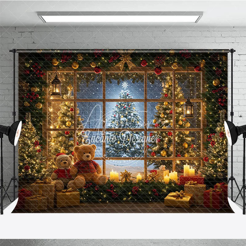 Aperturee - Aperturee Cozy Christmas Cabin Room Set Backdrop Snowy Window with Teddy Bears and Rustic Door Holiday Photo Studio