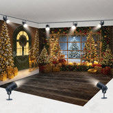 Aperturee - Aperturee Cozy Christmas Cabin Room Set Backdrop Snowy Window with Teddy Bears and Rustic Door Holiday Photo Studio