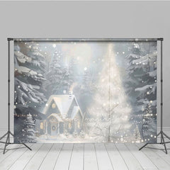 Aperturee - Aperturee Cozy Christmas Cottage Photography Backdrop Painterly Winter Snow Scene Holiday Mini Session Background