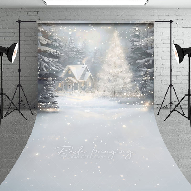 Aperturee - Aperturee Cozy Christmas Cottage Sweep Backdrop Painterly Winter Snow Scene Holiday Mini Session Photo Floor Drop