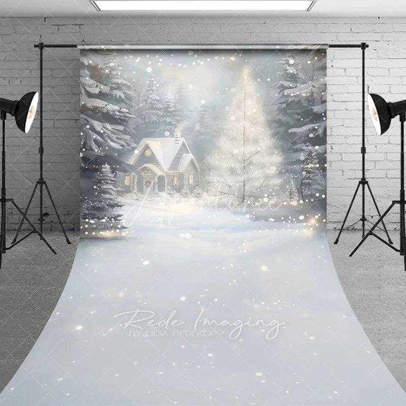 Aperturee - Aperturee Cozy Christmas Cottage Sweep Backdrop Painterly Winter Snow Scene Holiday Mini Session Photo Floor Drop