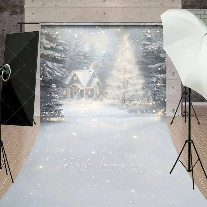 Aperturee - Aperturee Cozy Christmas Cottage Sweep Backdrop Painterly Winter Snow Scene Holiday Mini Session Photo Floor Drop