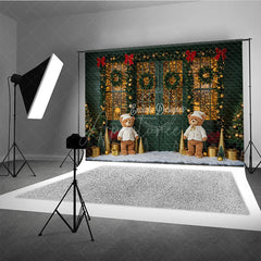 Aperturee - Aperturee Cozy Christmas Door Photography Backdrop Green Door with Teddy Bears and Snow Holiday Fairy Lights Background