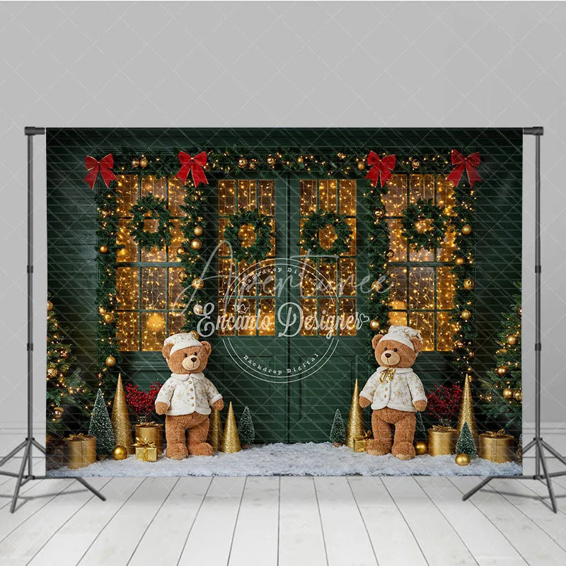 Aperturee - Aperturee Cozy Christmas Door Photography Backdrop Green Door with Teddy Bears and Snow Holiday Fairy Lights Background