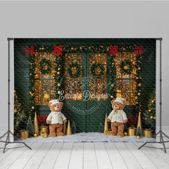Aperturee - Aperturee Cozy Christmas Door Photography Backdrop Green Door with Teddy Bears and Snow Holiday Fairy Lights Background