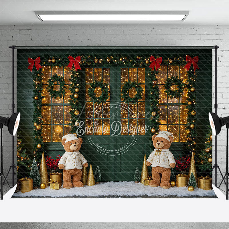 Aperturee - Aperturee Cozy Christmas Door Photography Backdrop Green Door with Teddy Bears and Snow Holiday Fairy Lights Background