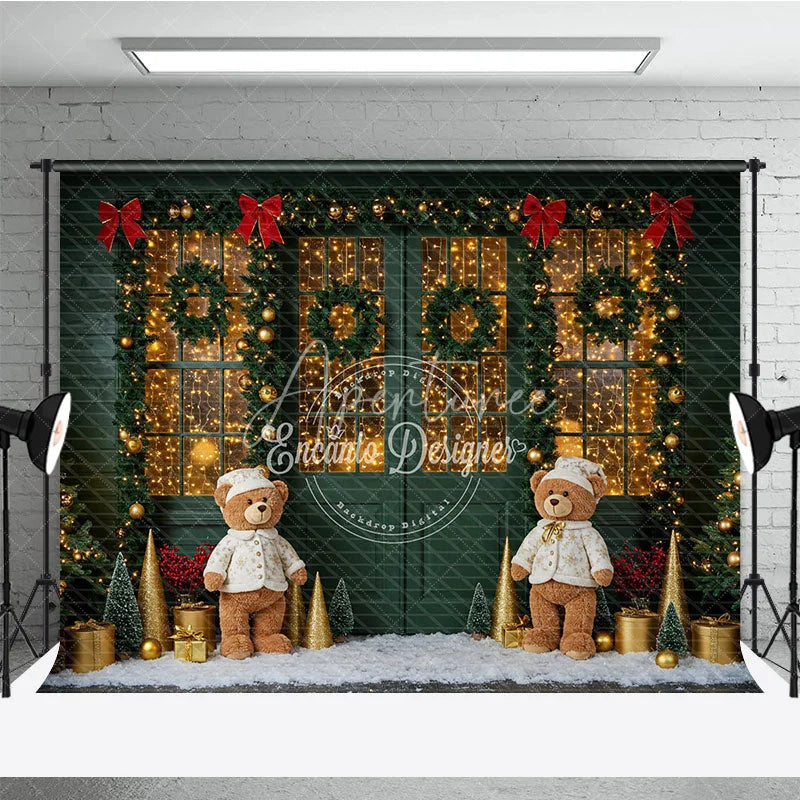 Aperturee - Aperturee Cozy Christmas Door Photography Backdrop Green Door with Teddy Bears and Snow Holiday Fairy Lights Background
