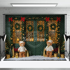Aperturee - Aperturee Cozy Christmas Door Photography Backdrop Green Door with Teddy Bears and Snow Holiday Fairy Lights Background