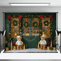 Aperturee - Aperturee Cozy Christmas Door Photography Backdrop Green Door with Teddy Bears and Snow Holiday Fairy Lights Background