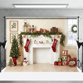 Aperturee - Aperturee Cozy Christmas Fireplace Holiday Backdrop Festive Stockings and Decorated Tree Winter Celebration Decor