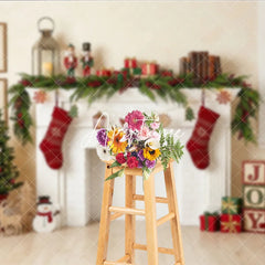 Aperturee - Aperturee Cozy Christmas Fireplace Holiday Backdrop Festive Stockings and Decorated Tree Winter Celebration Decor