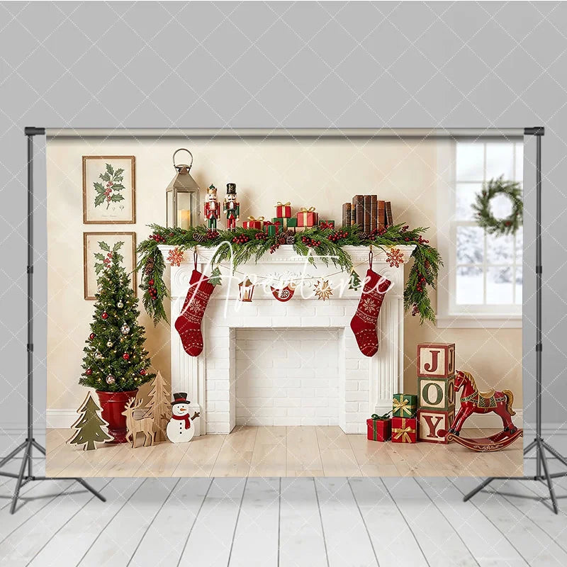 Aperturee - Aperturee Cozy Christmas Fireplace Holiday Backdrop Festive Stockings and Decorated Tree Winter Celebration Decor