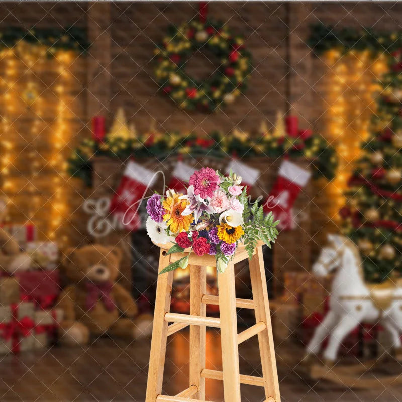 Aperturee - Aperturee Cozy Christmas Fireplace Photography Backdrop Rustic Mantle with Stockings Traditional Holiday Photo Background