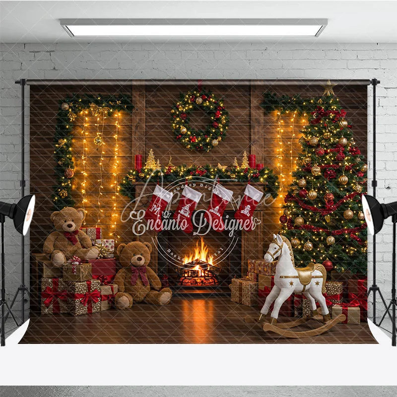 Aperturee - Aperturee Cozy Christmas Fireplace Photography Backdrop Rustic Mantle with Stockings Traditional Holiday Photo Background