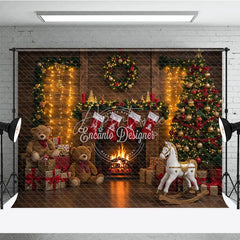 Aperturee - Aperturee Cozy Christmas Fireplace Photography Backdrop Rustic Mantle with Stockings Traditional Holiday Photo Background