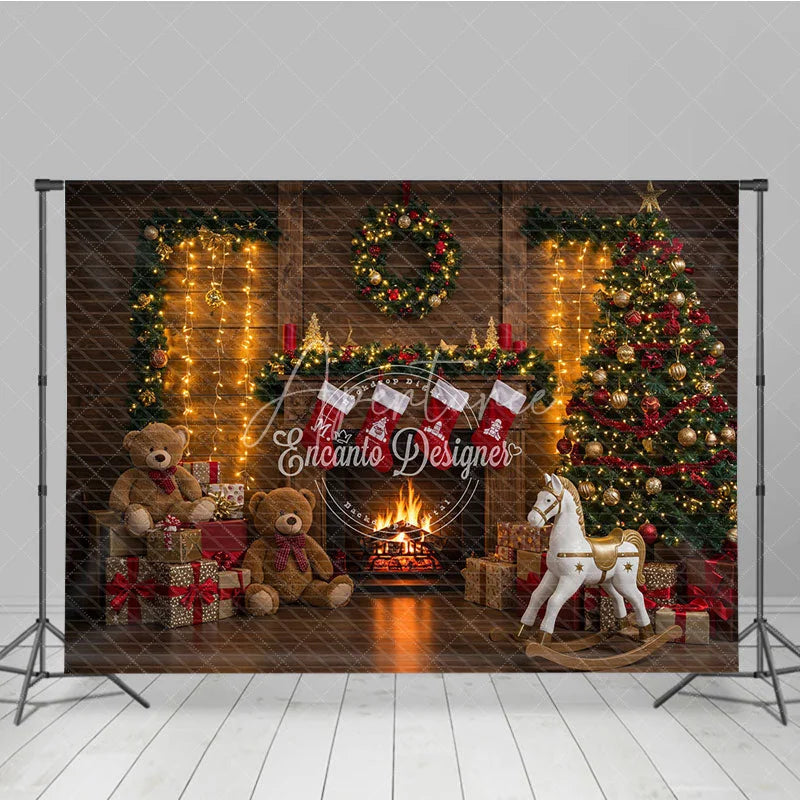 Aperturee - Aperturee Cozy Christmas Fireplace Photography Backdrop Rustic Mantle with Stockings Traditional Holiday Photo Background