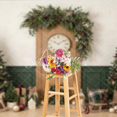 Aperturee - Aperturee Cozy Christmas Holiday Backdrop with Decorated Trees Festive Garland Clock and Gifts for Winter Celebrations