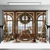 Aperturee - Aperturee Cozy Christmas Holiday Backdrop with Decorated Trees Rocking Horse and Snowy Mountain View