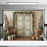Aperturee - Aperturee Cozy Christmas Holiday Backdrop with Flocked Trees Nutcracker Teddy Bear Gifts Holiday Decor