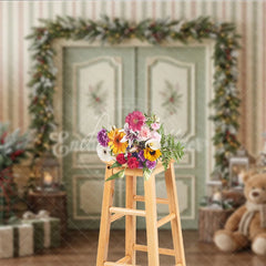 Aperturee - Aperturee Cozy Christmas Holiday Backdrop with Flocked Trees Nutcracker Teddy Bear Gifts Holiday Decor