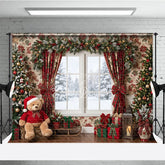 Aperturee - Aperturee Cozy Christmas Holiday Backdrop with Snowy Window Decorated Trees and Festive Plaid Gifts for Winter Celebrations.