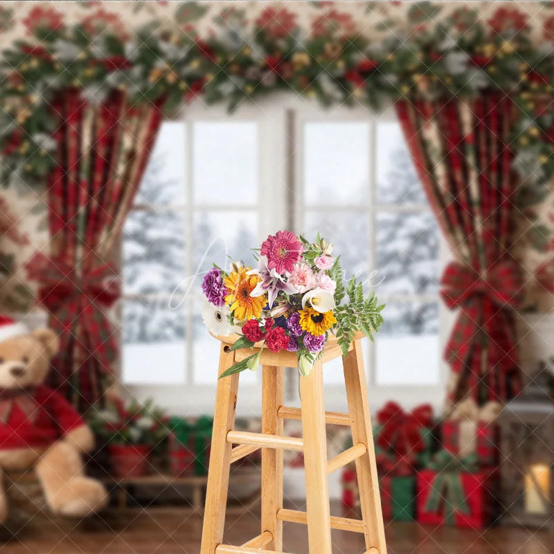 Aperturee - Aperturee Cozy Christmas Holiday Backdrop with Snowy Window Decorated Trees and Festive Plaid Gifts for Winter Celebrations.