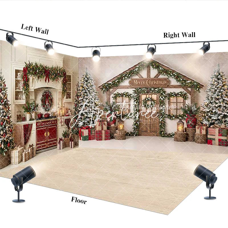 Aperturee - Aperturee Cozy Christmas Kitchen and Wooden House Room Set Backdrop Festive Holiday Photo Studio Decor