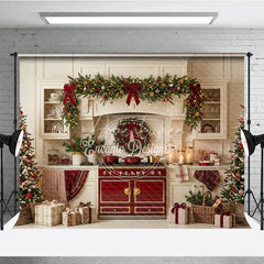 Aperturee - Aperturee Cozy Christmas Kitchen Holiday Backdrop with Festive Garland and Decorated Trees Elegant Seasonal Celebration Decor