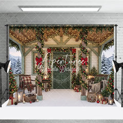 Aperturee - Aperturee Cozy Christmas Porch Holiday Backdrop with Snowy Winter Trees Festive Garlands and Red Bows Decor