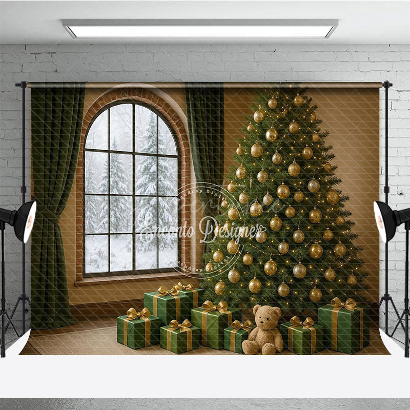 Aperturee - Aperturee Cozy Christmas Room Photography Backdrop Snowy Window with Green and Gold Tree Elegant Holiday Photo Background