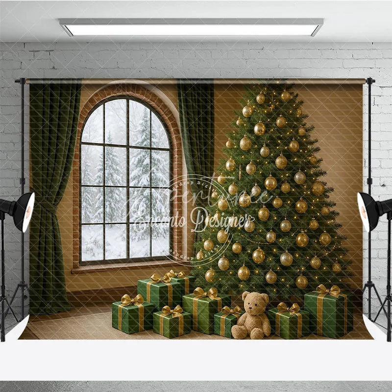 Aperturee - Aperturee Cozy Christmas Room Photography Backdrop Snowy Window with Green and Gold Tree Elegant Holiday Photo Background