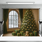 Aperturee - Aperturee Cozy Christmas Room Photography Backdrop Snowy Window with Green and Gold Tree Elegant Holiday Photo Background