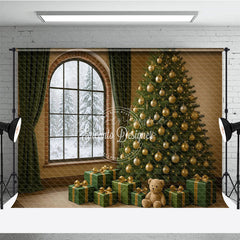 Aperturee - Aperturee Cozy Christmas Room Photography Backdrop Snowy Window with Green and Gold Tree Elegant Holiday Photo Background