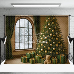 Aperturee - Aperturee Cozy Christmas Room Photography Backdrop Snowy Window with Green and Gold Tree Elegant Holiday Photo Background