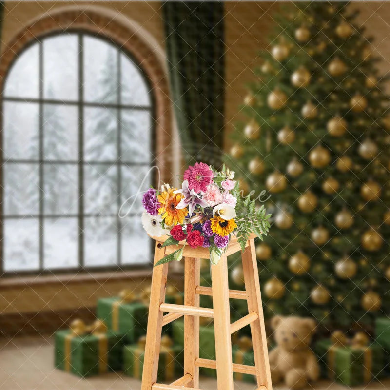 Aperturee - Aperturee Cozy Christmas Room Photography Backdrop Snowy Window with Green and Gold Tree Elegant Holiday Photo Background