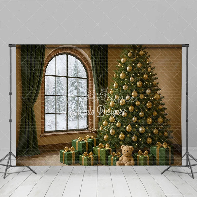 Aperturee - Aperturee Cozy Christmas Room Photography Backdrop Snowy Window with Green and Gold Tree Elegant Holiday Photo Background