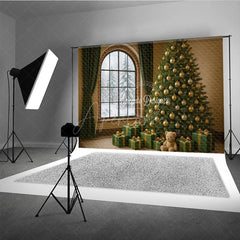 Aperturee - Aperturee Cozy Christmas Room Photography Backdrop Snowy Window with Green and Gold Tree Elegant Holiday Photo Background