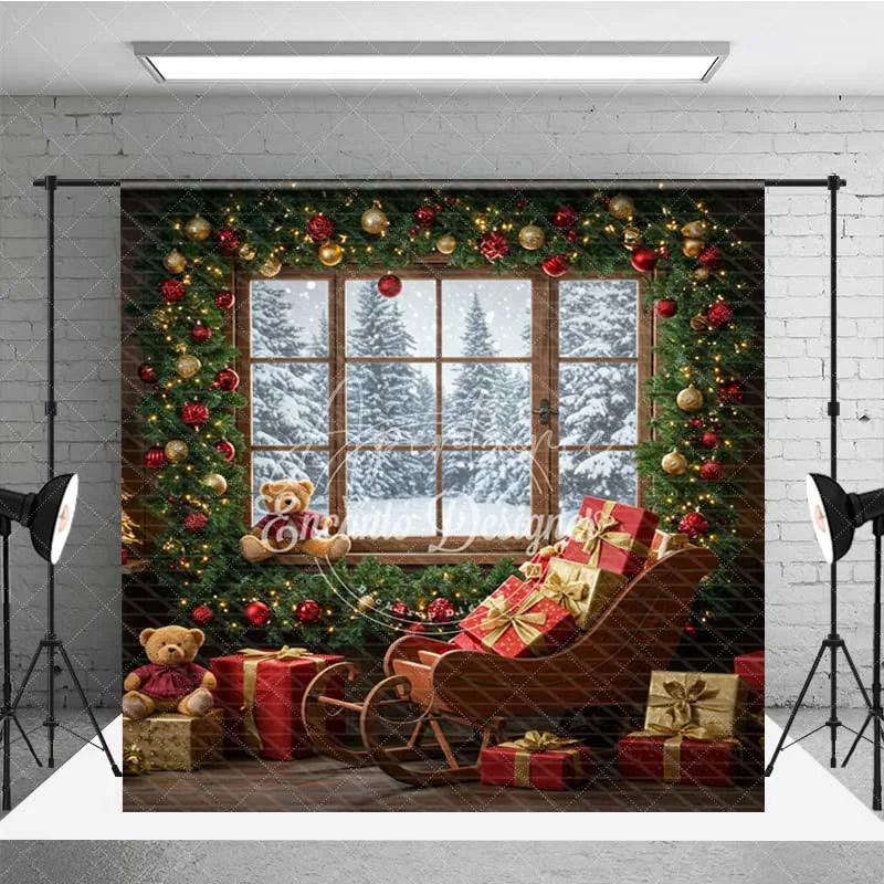 Aperturee - Aperturee Cozy Christmas Room Set Backdrop with Snowy Window Teddy Bears Sleigh and Wood Floor Holiday Photo Studio