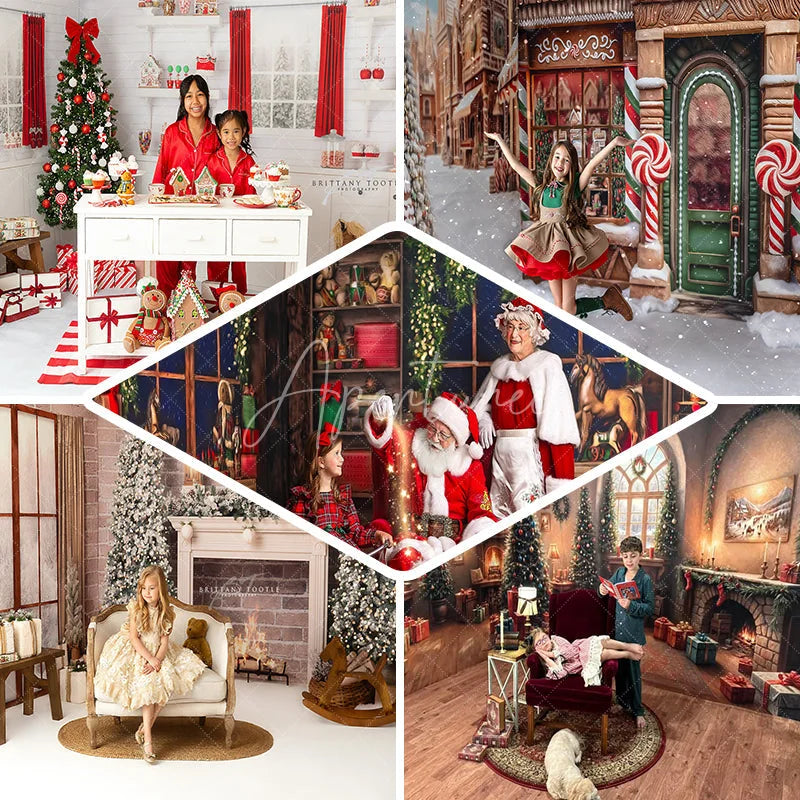 Aperturee - Aperturee Cozy Christmas Room Set Backdrop with Snowy Window Teddy Bears Sleigh and Wood Floor Holiday Photo Studio