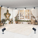 Aperturee - Aperturee Cozy Christmas Snowy Winter Village Room Set Backdrop with Festive Tree Star Wreath Wood Wall for Holiday Decor