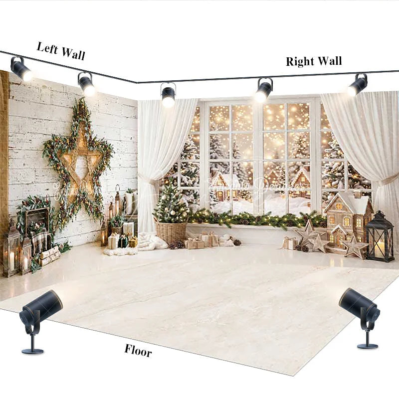 Aperturee - Aperturee Cozy Christmas Snowy Winter Village Room Set Backdrop with Festive Tree Star Wreath Wood Wall for Holiday Decor
