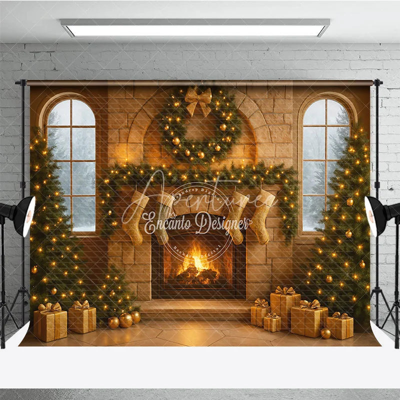Aperturee - Aperturee Cozy Christmas Stone Fireplace Photography Backdrop Stockings and Trees Snowy Window Holiday Background