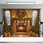 Aperturee - Aperturee Cozy Christmas Stone Fireplace Photography Backdrop Stockings and Trees Snowy Window Holiday Background