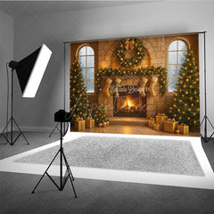 Aperturee - Aperturee Cozy Christmas Stone Fireplace Photography Backdrop Stockings and Trees Snowy Window Holiday Background
