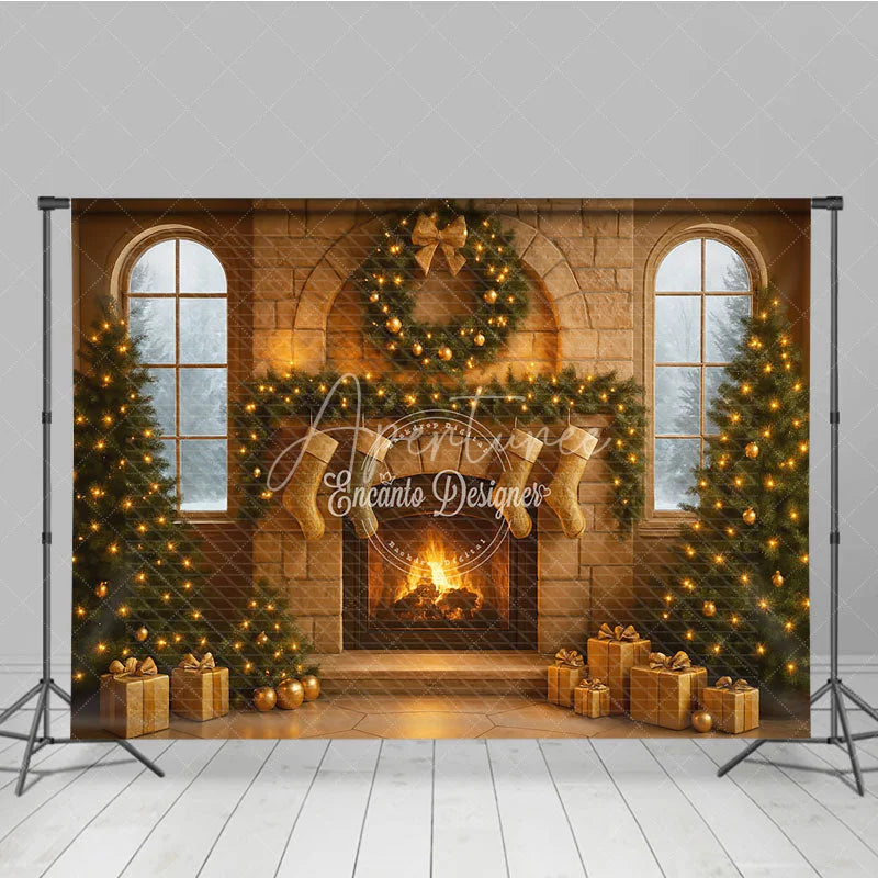 Aperturee - Aperturee Cozy Christmas Stone Fireplace Photography Backdrop Stockings and Trees Snowy Window Holiday Background