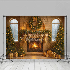 Aperturee - Aperturee Cozy Christmas Stone Fireplace Photography Backdrop Stockings and Trees Snowy Window Holiday Background