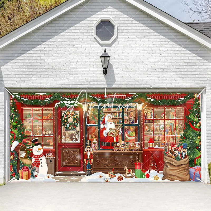 Aperturee - Aperturee Cozy Christmas Toy Shop with Santa Snowman and Gifts Garage Door Banner Festive Winter Holiday Decor