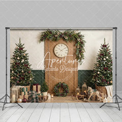 Aperturee - Aperturee Cozy Christmas Tree and Gifts Holiday Backdrop with Festive Garland and Clock Winter Celebration Decor